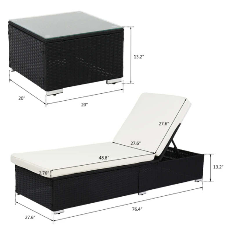3Pcs חיצונית ריהוט קש הסט כולל 2 שטוחה מיטה שחור 4-Wire 1 שולחן קפה מושלם עבור פטיו הסיפון או על שפת הבריכה[US-מניות]