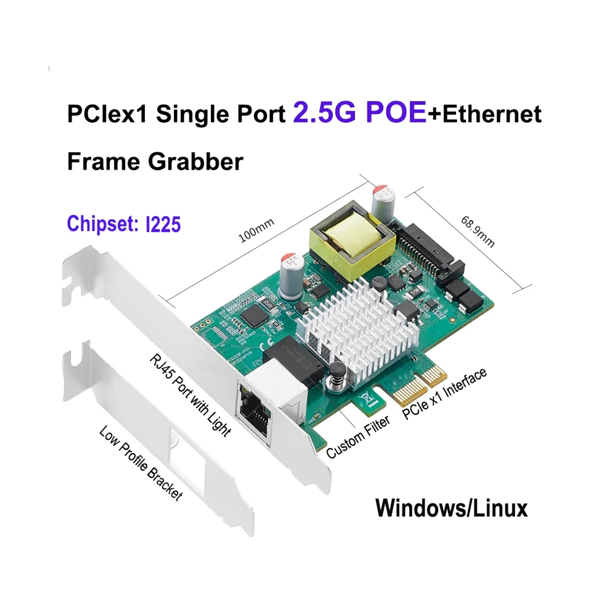 PCIE 2.5 G פו Gigabit כרטיס יחיד יציאת RJ45 Gigabit PCIe X1 PoE+ Ethernet כרטיס רשת מסגרת 802.3 At I225 צ ' יפ