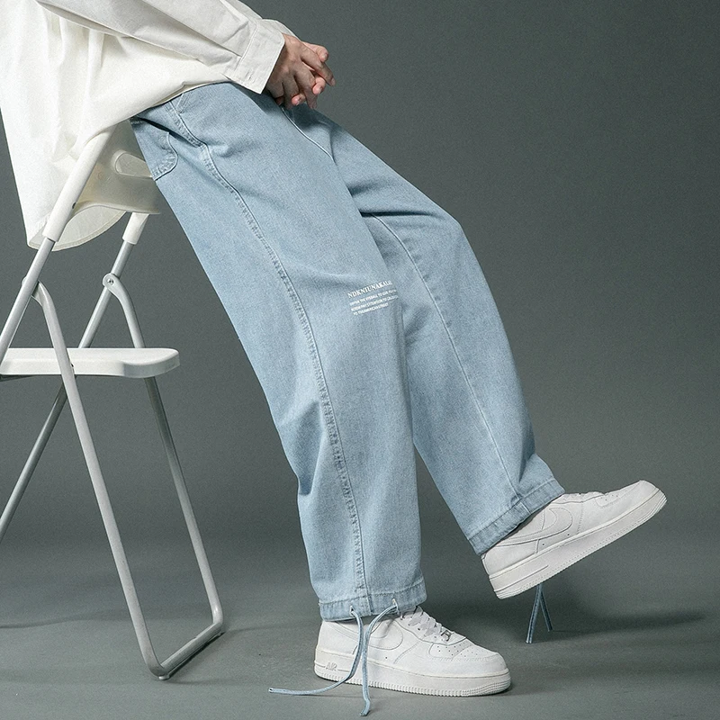 אופנה חדשה חופשי ישר רחב הרגל מכנסיים של גברים אופנת רחוב מזדמן רופף ג 'ינס קוריאני גברים מזדמנים מכנסי ג' ינס שחור כחול בהיר