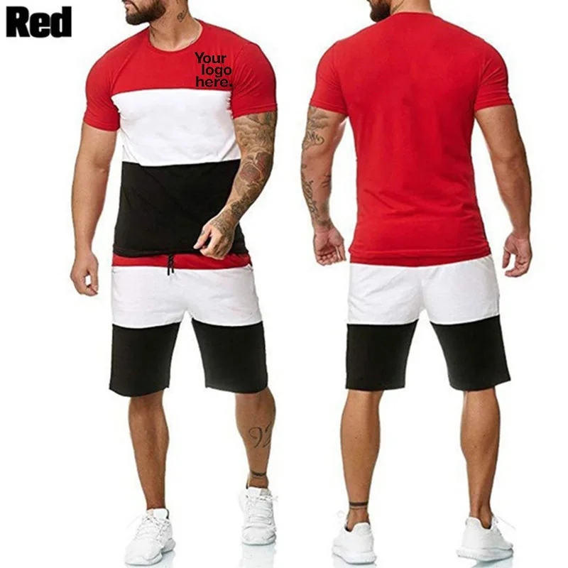 קיץ Mens אימונית מזדמנים ספורט C החליפה חולצה התאמת צבעים ספורט לנשימה נוח O-צוואר רחוב בגדים (S-4XL