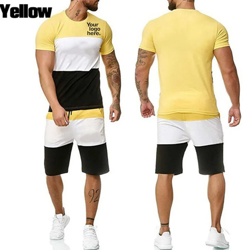 קיץ Mens אימונית מזדמנים ספורט C החליפה חולצה התאמת צבעים ספורט לנשימה נוח O-צוואר רחוב בגדים (S-4XL