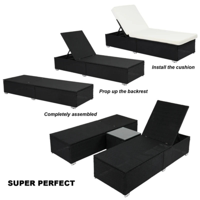 3Pcs חיצונית ריהוט קש הסט כולל 2 שטוחה מיטה שחור 4-Wire 1 שולחן קפה מושלם עבור פטיו הסיפון או על שפת הבריכה[US-מניות]