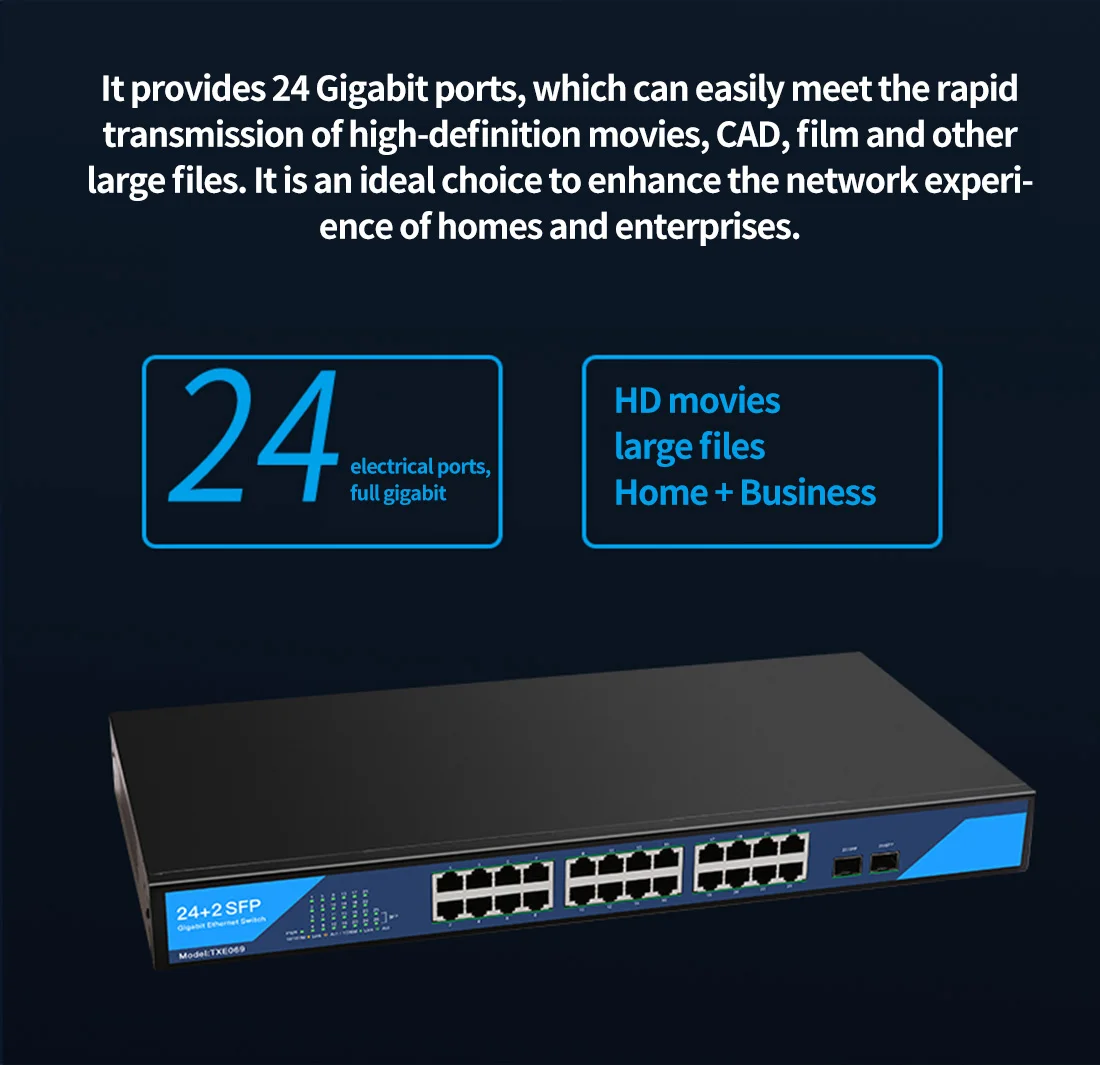 DIEWU 24xRJ45+2xSFP יציאת Gigabit מתג 10/100/1000Mbps לא מנוהל להרכבה בארון תקשורת רשת ניטור מפצל מובנה אספקת חשמל