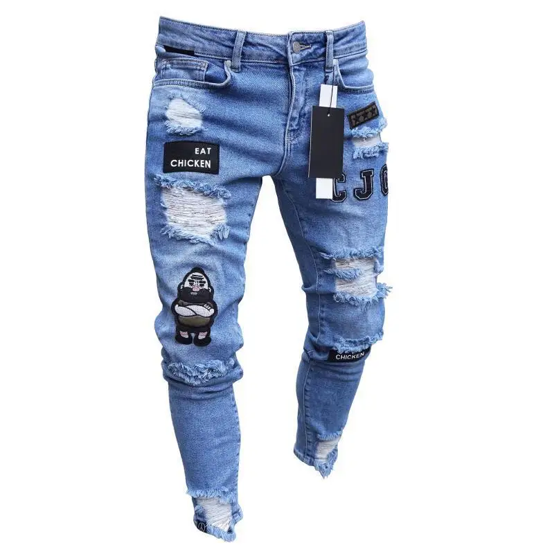 היפ הופ אופנה לגברים רקום ג 'ינס 2023 רחוב מועדון קרע מכנסי ג' ינס קלאסי כחול לבן סלים למתוח Pantalon S-4XL