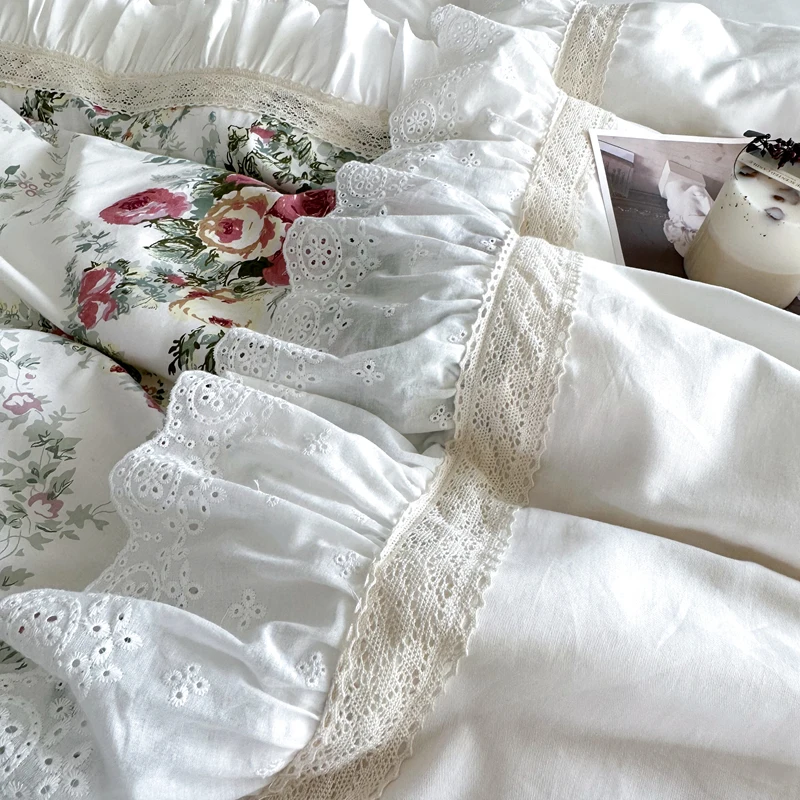 נסיכה לבנה סט מצעים בסגנון קוריאני פרחים הדפס תחרה קפלים השמיכה לכסות גיליון כיסוי של כרית המיטה חצאית סט כותנה