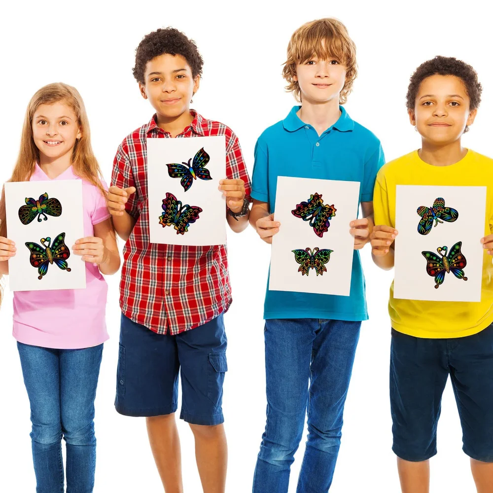 6/12Pcs להגדיר קסם שריטה אמנות פרפר שריטה נייר ציור סימניות ילדים ספר ציור יצירתי כרטיס מדבקה צעצוע חינוכי