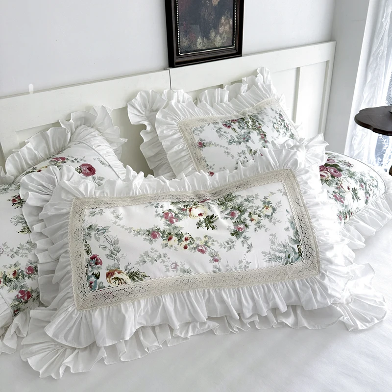 נסיכה לבנה סט מצעים בסגנון קוריאני פרחים הדפס תחרה קפלים השמיכה לכסות גיליון כיסוי של כרית המיטה חצאית סט כותנה
