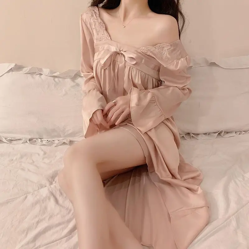 רטרו סקסי כותנות לילה לנשים חמוד קשת הנסיכה שיק בנות Nightdress האביב נוח בקרסול-אורך Loungewear חינני Mujer