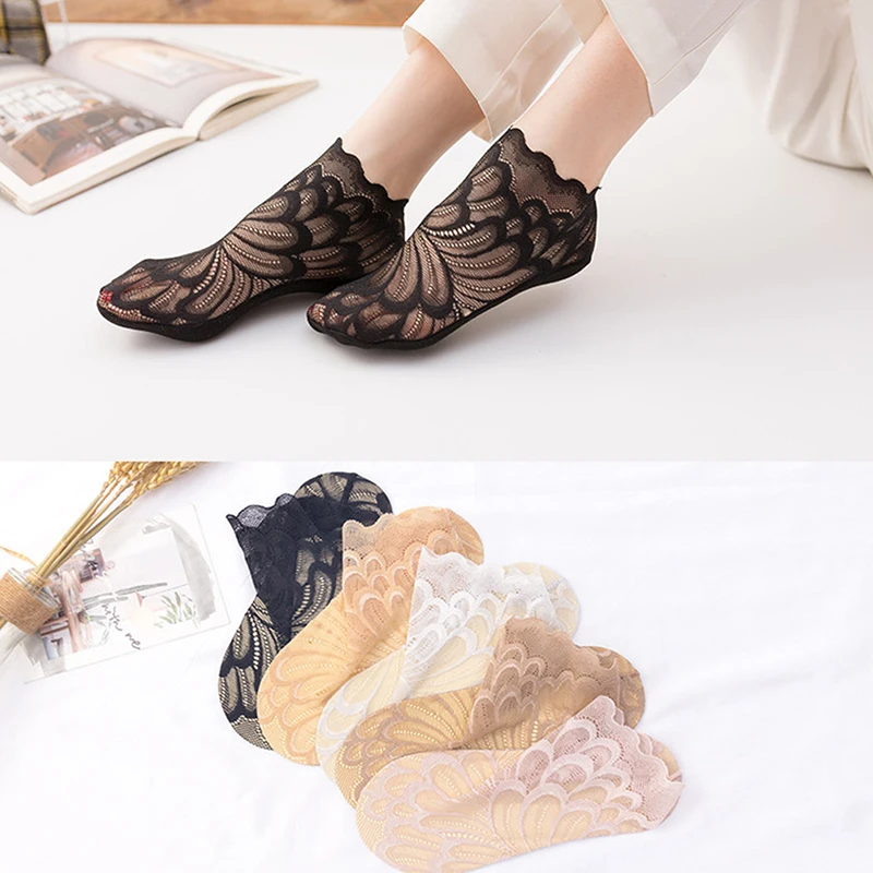 1Pairs נשים תחרת פרח רשת גרביים החלקה בלתי נראה אניה גרב שקופה זכוכית Crytal למתוח נשים גרביים גרביים לנשימה