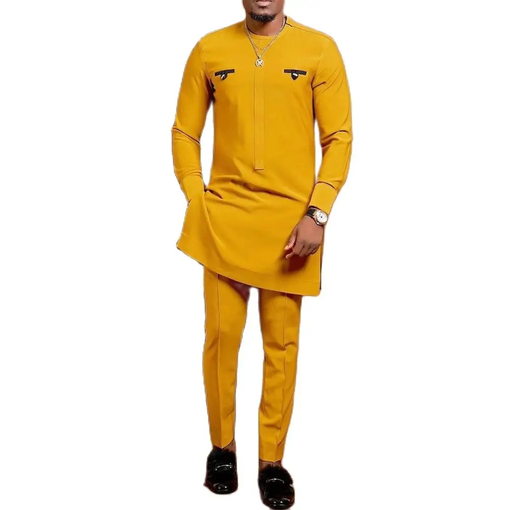 2023 אפריקאי שתי ערכות קטע Mens צוואר עגול, כיס מזדמן צהובה להדפיס חולצת שרוול ארוך העליון, מכנסיים בסגנון אתני ללבוש חדש.